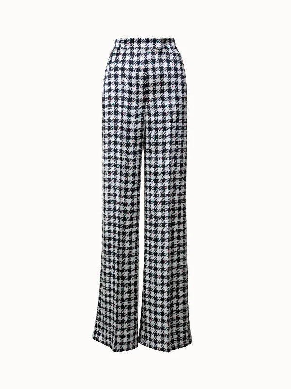 Silk Satin Wide Leg Pants with Tweed Check Print