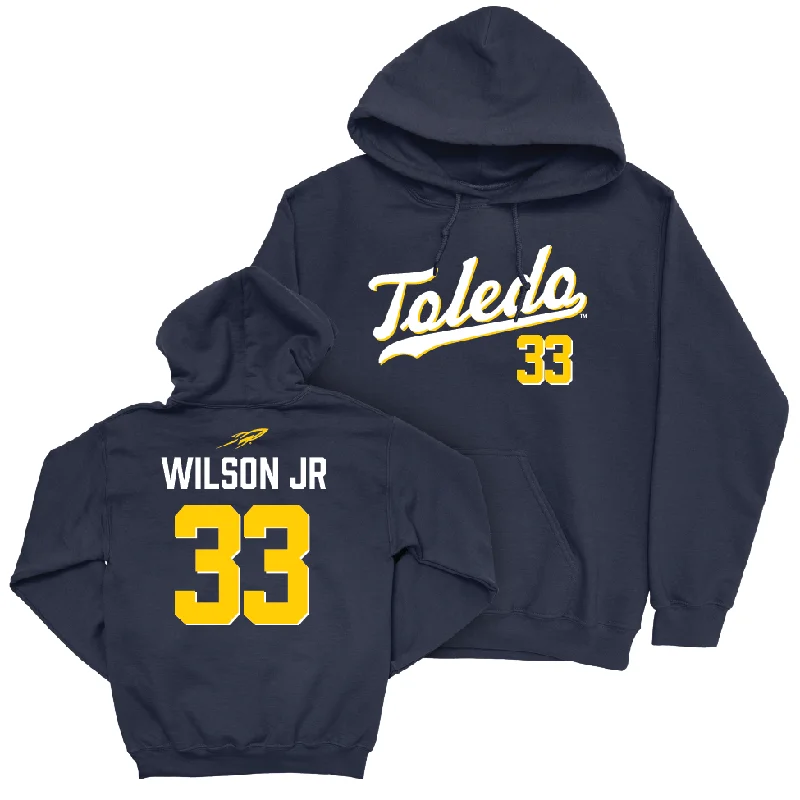 Toledo Football Navy Script Hoodie - CJ Wilson Jr. | #33