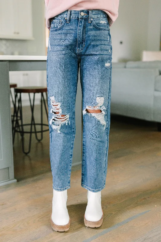 Catch The Vibe Medium Wash Distressed Straight Jeans