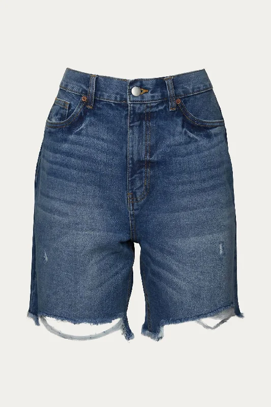 Boyfriend High-Waisted Distressed Denim Short In Blue