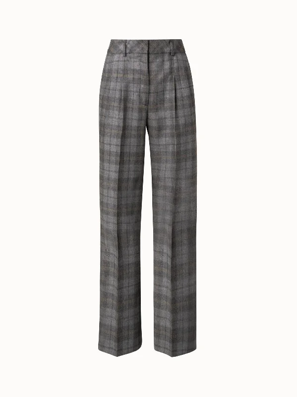 Checked Cashmere Silk Gabardine Wide Leg Pants