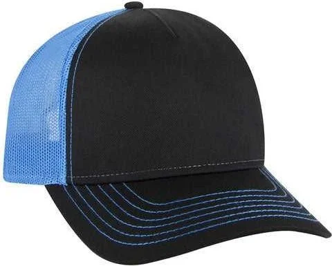 OTTO 102-1318 5 Panel Low Profile Mesh Back Trucker Cap - Black Black Neon Blue