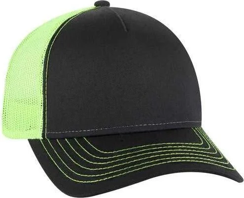 OTTO 102-1318 5 Panel Low Profile Mesh Back Trucker Cap - Black Black Neon Green