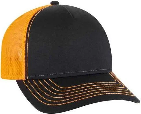 OTTO 102-1318 5 Panel Low Profile Mesh Back Trucker Cap - Black Black Neon Orange