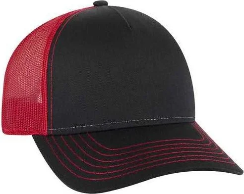 OTTO 102-1318 5 Panel Low Profile Mesh Back Trucker Cap - Black Black Red