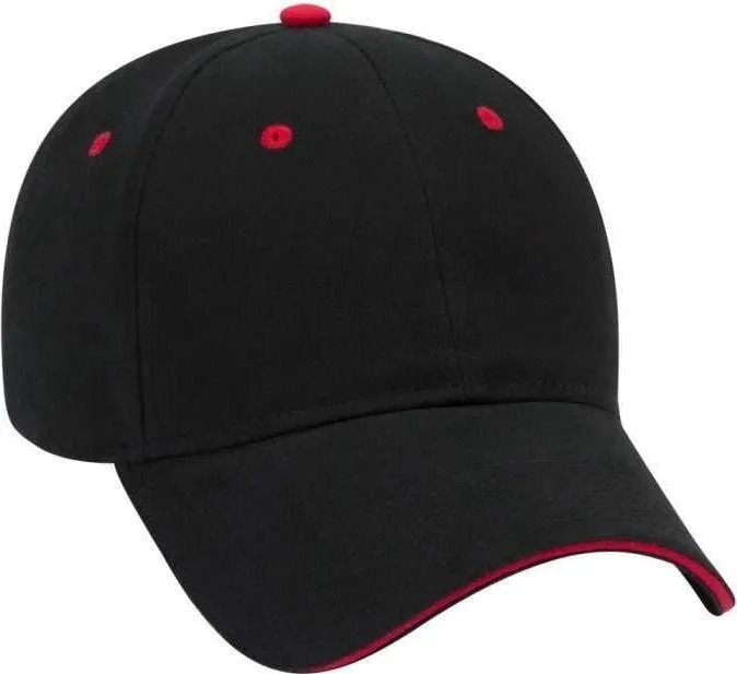 OTTO 23-430 Brushed Cotton Twill Sandwich Visor Low Profile Pro Style Cap with 6 Embroidered Eyelets - Black Black Red