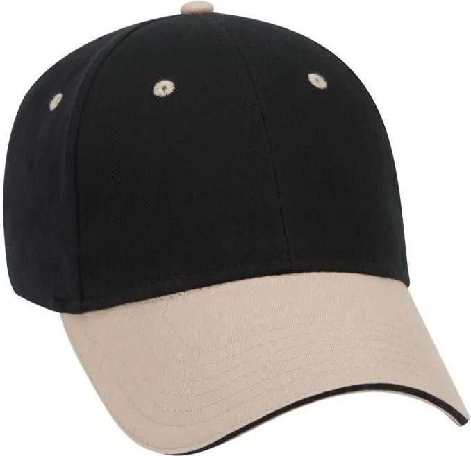 OTTO 23-430 Brushed Cotton Twill Sandwich Visor Low Profile Pro Style Cap with 6 Embroidered Eyelets - Khaki Black Black