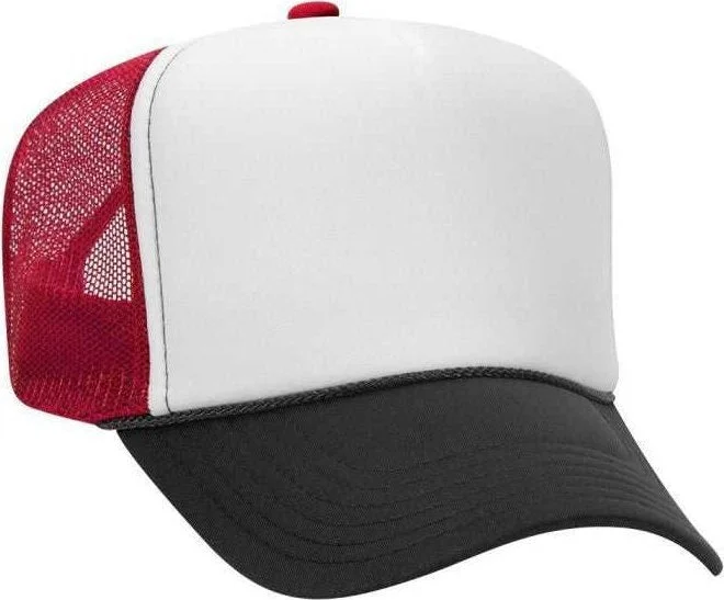 Otto 39-165 5 Panel Foam High Crown Mesh Back Trucker Snapback Cap - Black White Red