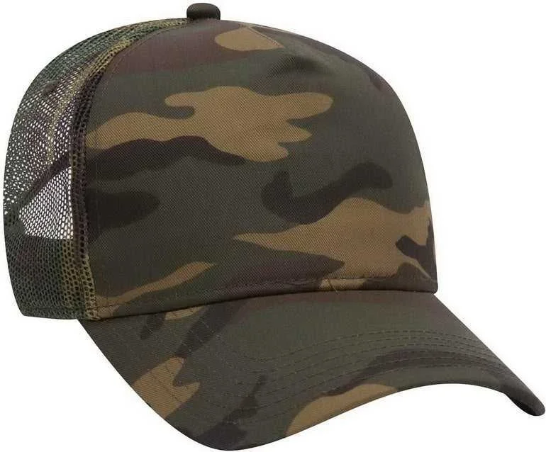 OTTO 47-049 Camouflage 5 Panel Mid Crown Mesh Back Trucker Cap - Dark Green Brown