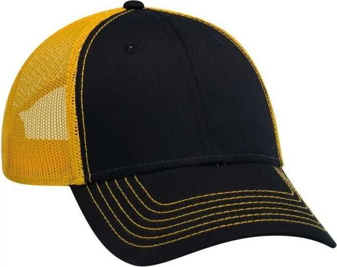 OTTO 83-1239  6 Panel Low Profile Mesh Back Trucker Hat - Black Black Gold