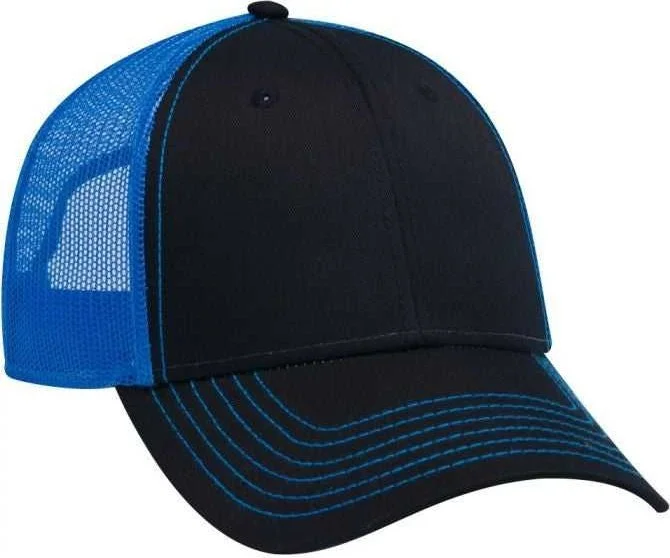 OTTO 83-1239  6 Panel Low Profile Mesh Back Trucker Hat - Black Black Neon Blue