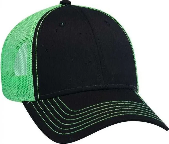 OTTO 83-1239  6 Panel Low Profile Mesh Back Trucker Hat - Black Black Neon Green