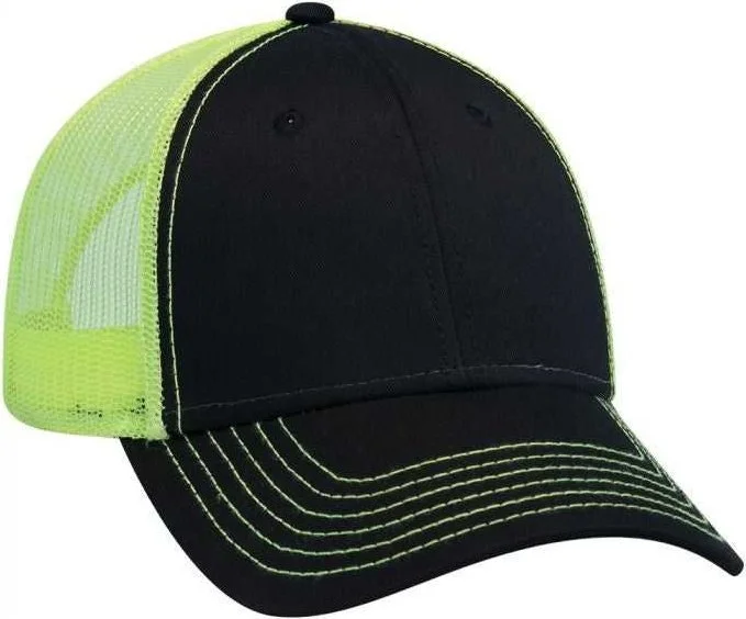 OTTO 83-1239  6 Panel Low Profile Mesh Back Trucker Hat - Black Black Neon Yellow