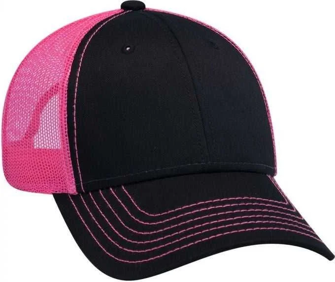 OTTO 83-1239  6 Panel Low Profile Mesh Back Trucker Hat - Black Black NeonPnk