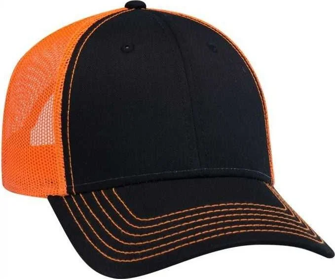 OTTO 83-1239  6 Panel Low Profile Mesh Back Trucker Hat - Black Black Orange