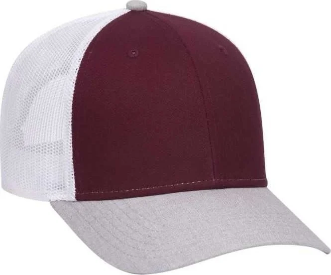 OTTO 83-1300  6 Panel Low Profile Mesh Back Trucker Hat - Heather Gray Maroon White