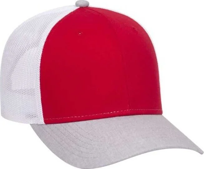 OTTO 83-1300  6 Panel Low Profile Mesh Back Trucker Hat - Heather Gray Red White