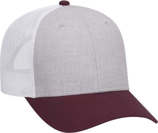 OTTO 83-1300  6 Panel Low Profile Mesh Back Trucker Hat - Maroon Heather Gray White