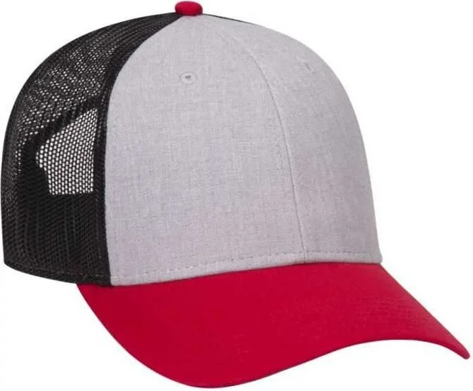 OTTO 83-1300  6 Panel Low Profile Mesh Back Trucker Hat - Red Heather Gray Black