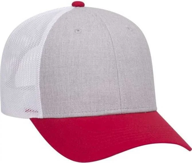 OTTO 83-1300  6 Panel Low Profile Mesh Back Trucker Hat - Red Heather Gray White