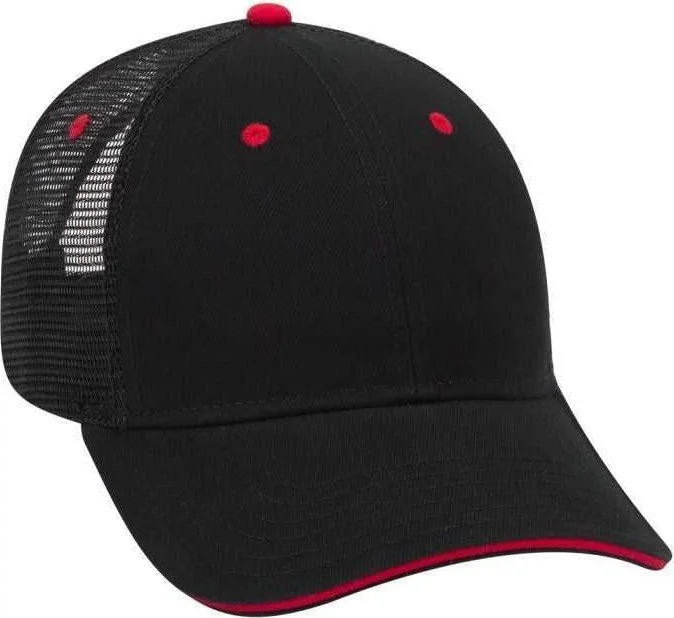 OTTO 84-482 Brushed Bull Denim Sandwich Visor Low Profile Pro Style Mesh Back Structured Firm Front Panel Cap - Black Black Red