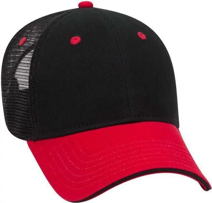 OTTO 84-482 Brushed Bull Denim Sandwich Visor Low Profile Pro Style Mesh Back Structured Firm Front Panel Cap - Red Black Black