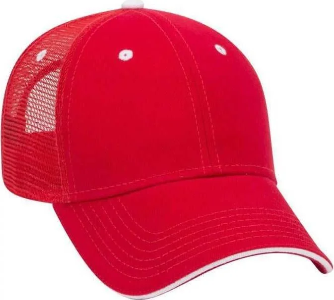 OTTO 84-482 Brushed Bull Denim Sandwich Visor Low Profile Pro Style Mesh Back Structured Firm Front Panel Cap - Red Red White