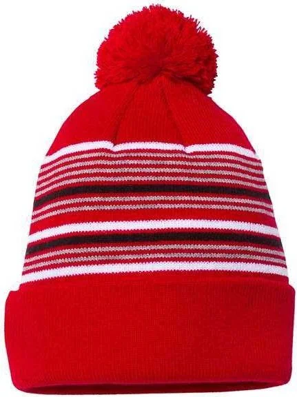 Sportsman SP60 12" Striped Pom-Pom Knit Beanie - Red White Grey Black